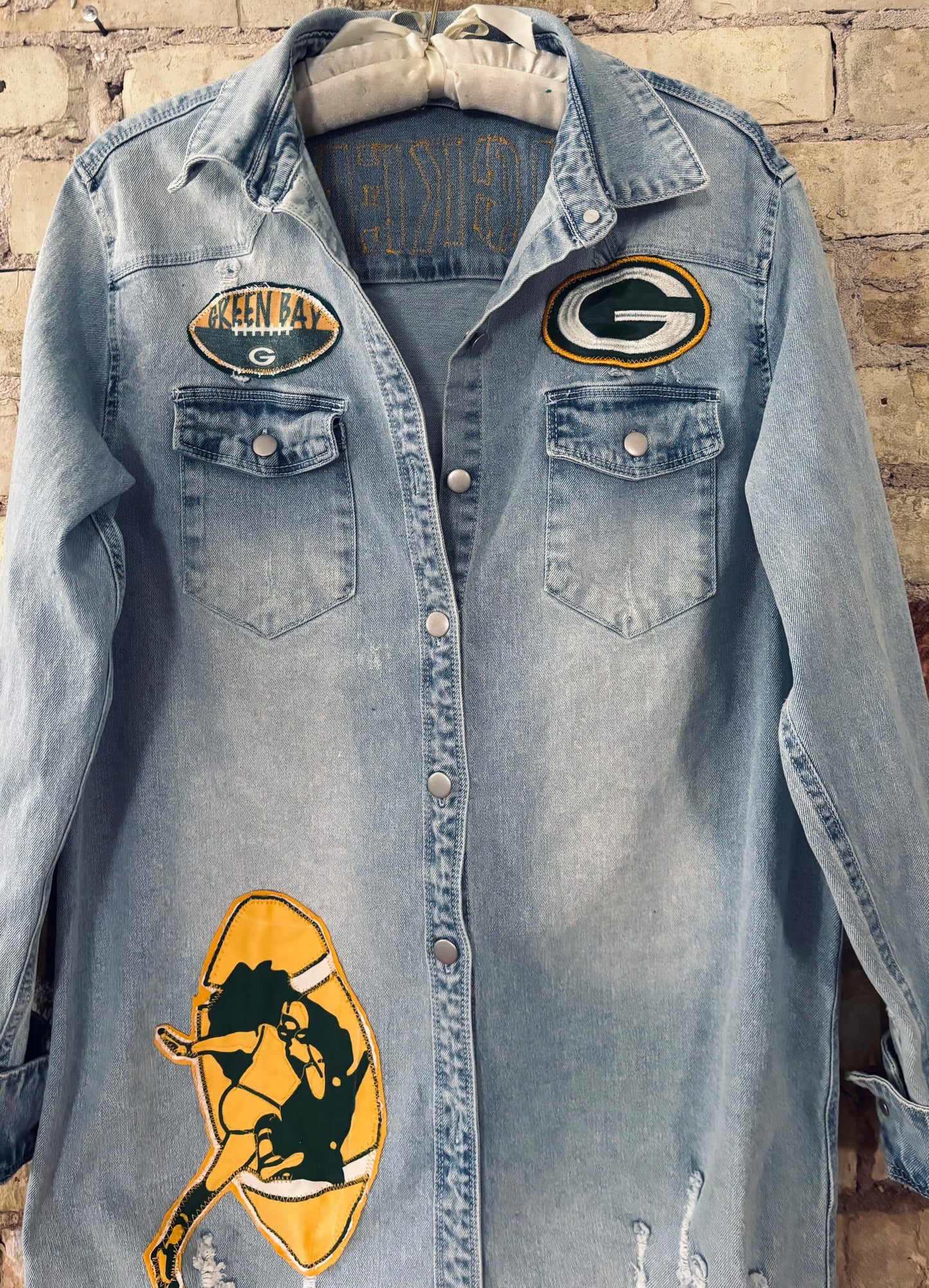 Reworked Packers long distressed Game Day Denim Jean Jacket