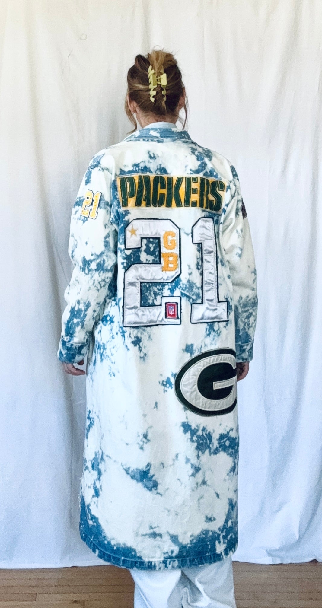 Reworked Packers Retro Game Day Denim Duster Maxi Coat