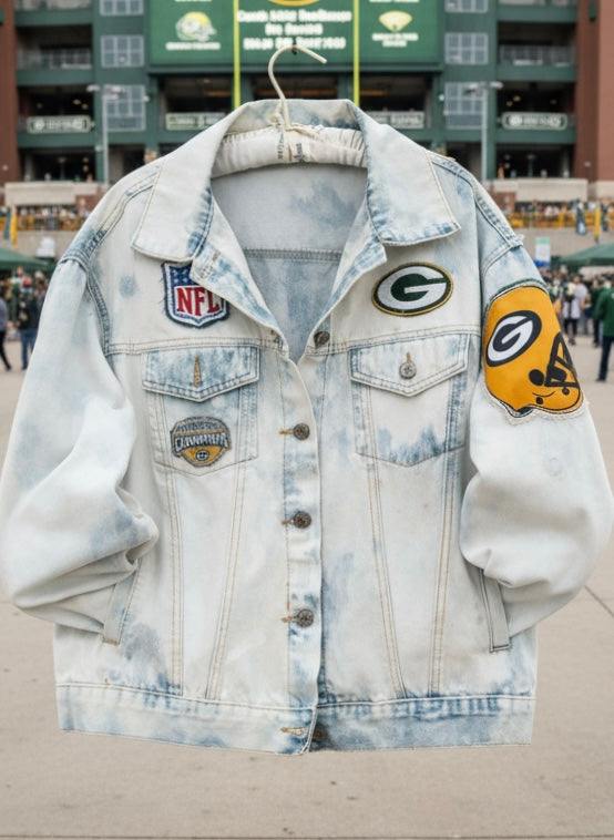 Reworked Vintage Distressed Game Day Trucker Denim Jean Jacket
