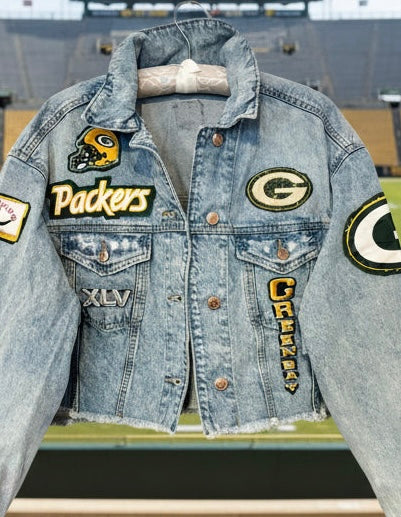 Reworked Retro Stone Washed cropped GameDay Denim Jean Jacket