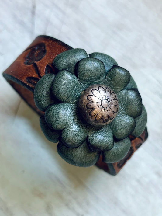 Hand Tooled Reclaimed Leather Flower Bracelet