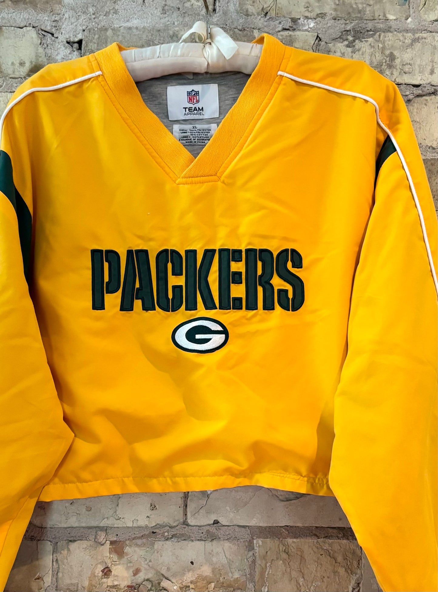 Reworked Retro Green Bay Packers Cropped Color Block V Neck Windbreaker