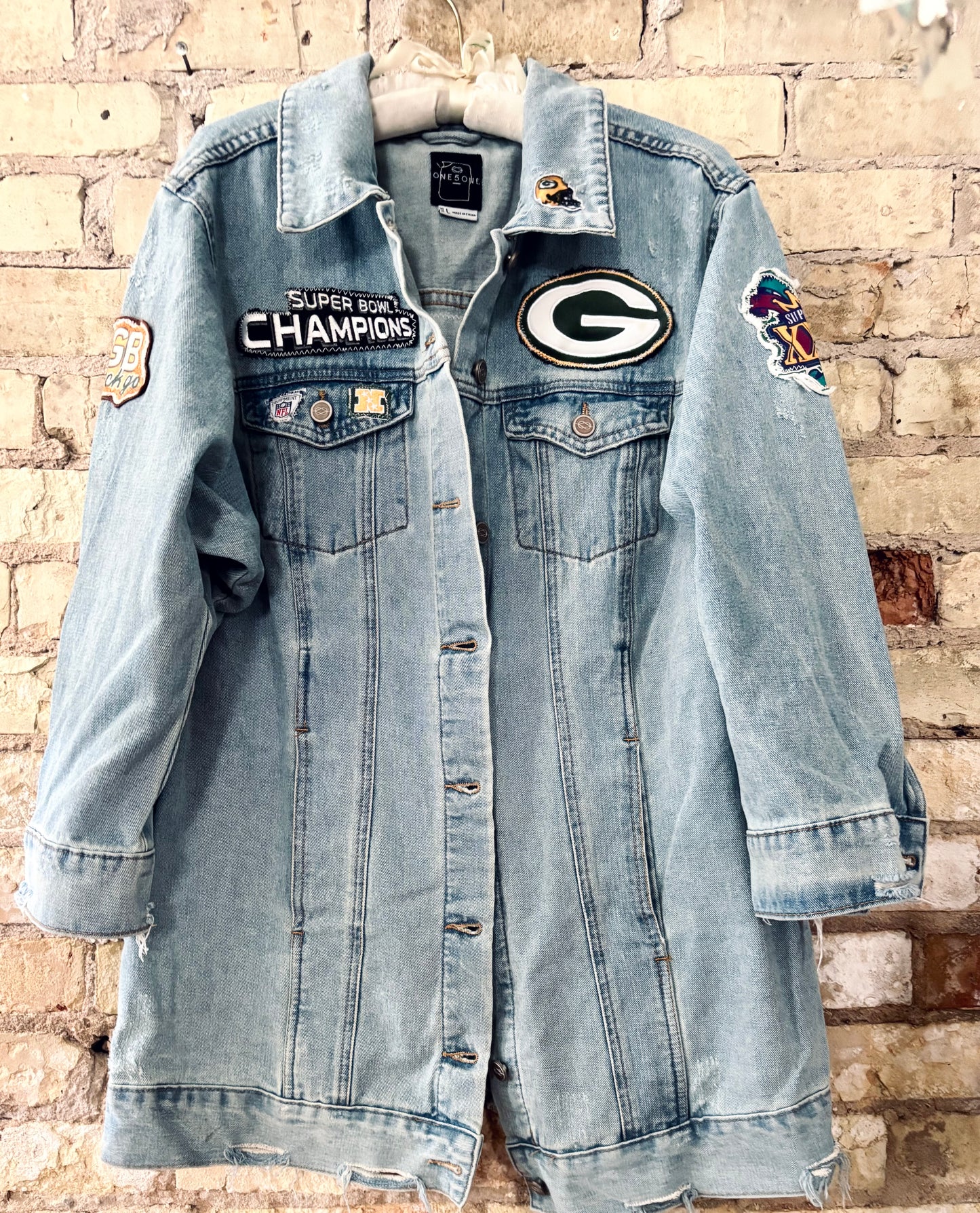 Reworked Packers long Retro Game Day Denim Jean Jacket