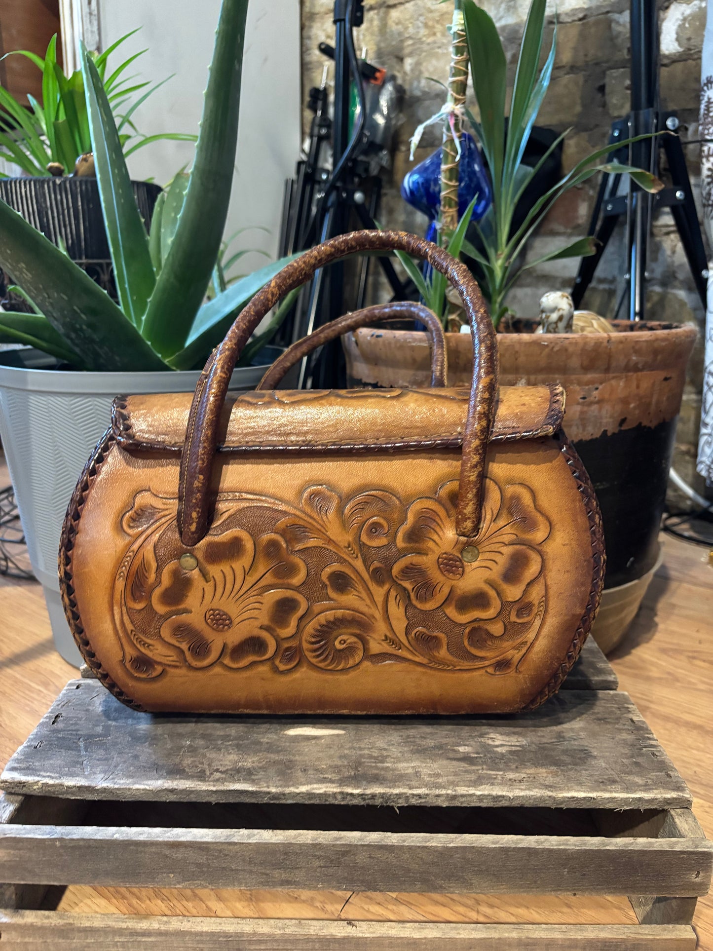 Vintage 70’s  Hand Tooled  leather   Boho Tote Bag