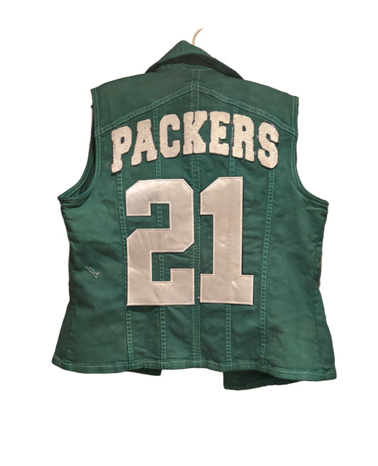 Reworked Packers over dyed Game Day Denim Jean Vest