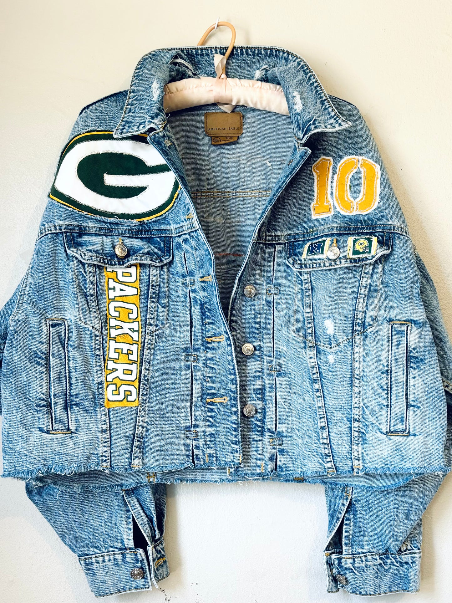 Reworked Retro Acid Washed cropped Game Day Denim Jacket