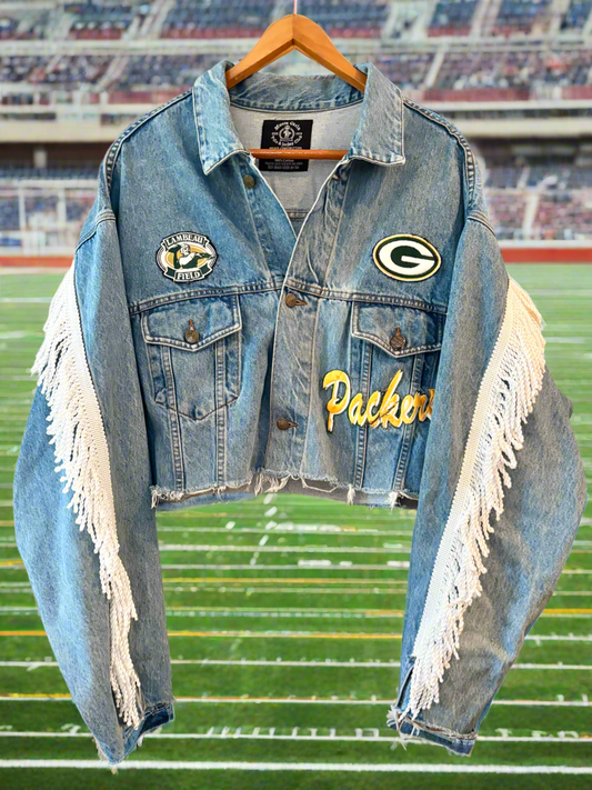 Reworked cropped Game Day Denim Jean Jacket with Fringe