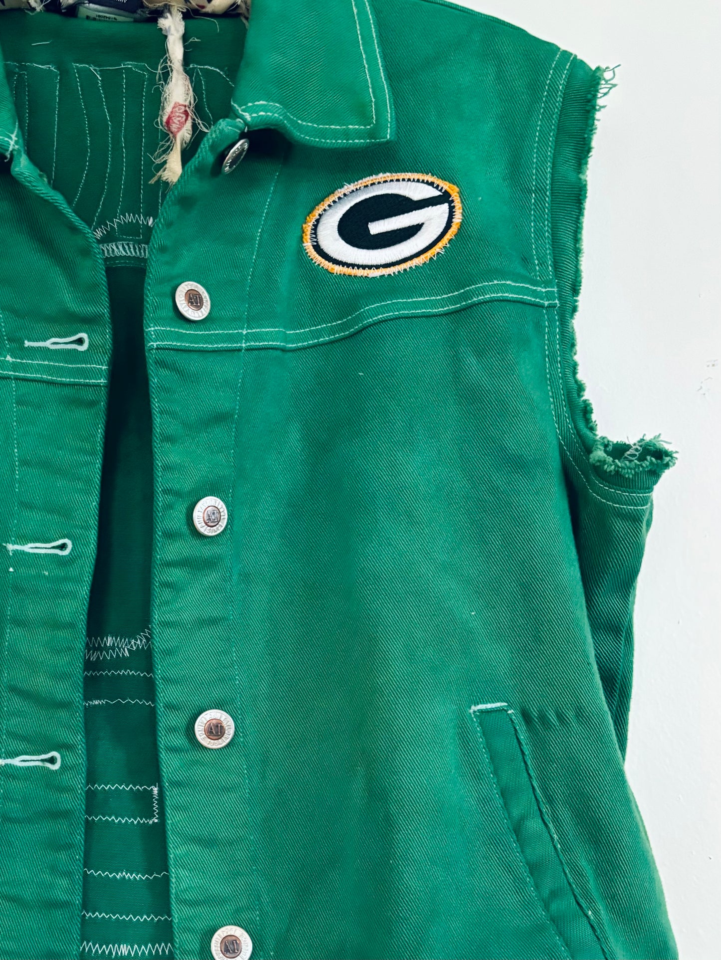 Reworked Packers over dyed Game Day Denim Jean Vest