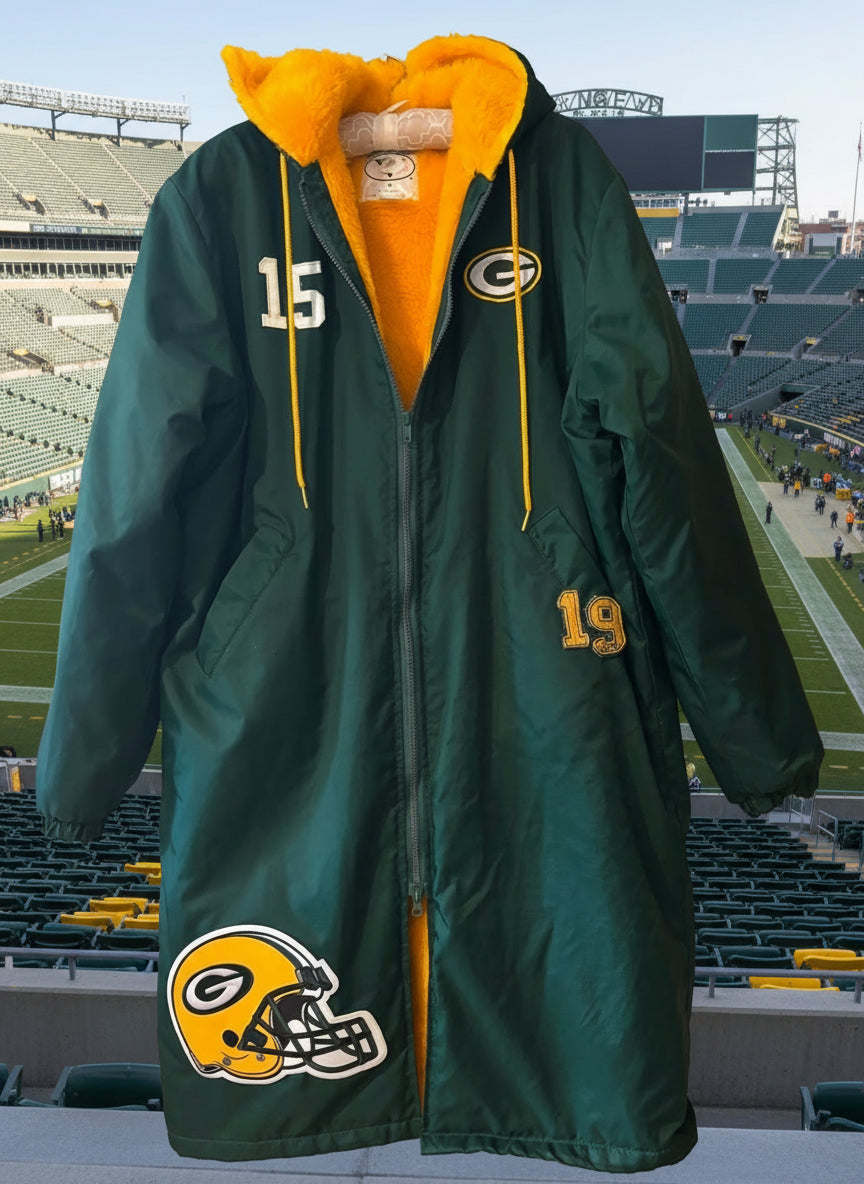 Vintage Fur Lined Green & Gold Game Day Stadium Player Parka