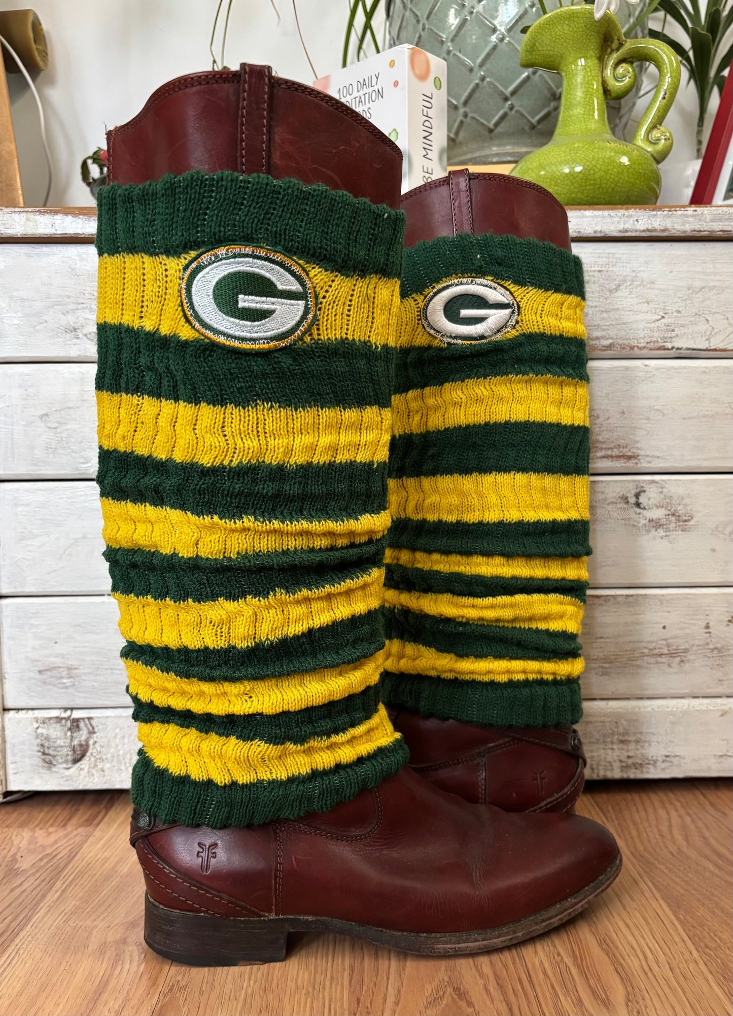 Striped Green & Yellow Packers Game Day Boot /Leg Warmers O/S