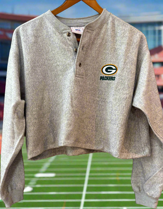 Reworked Packers cropped 2 Button Fleece Henley Crewneck