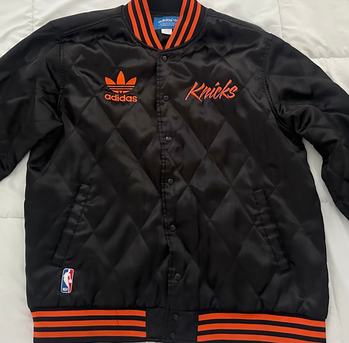 Vintage 90’s Adidas  NY Knicks quilted satin bomber Varsity jacket