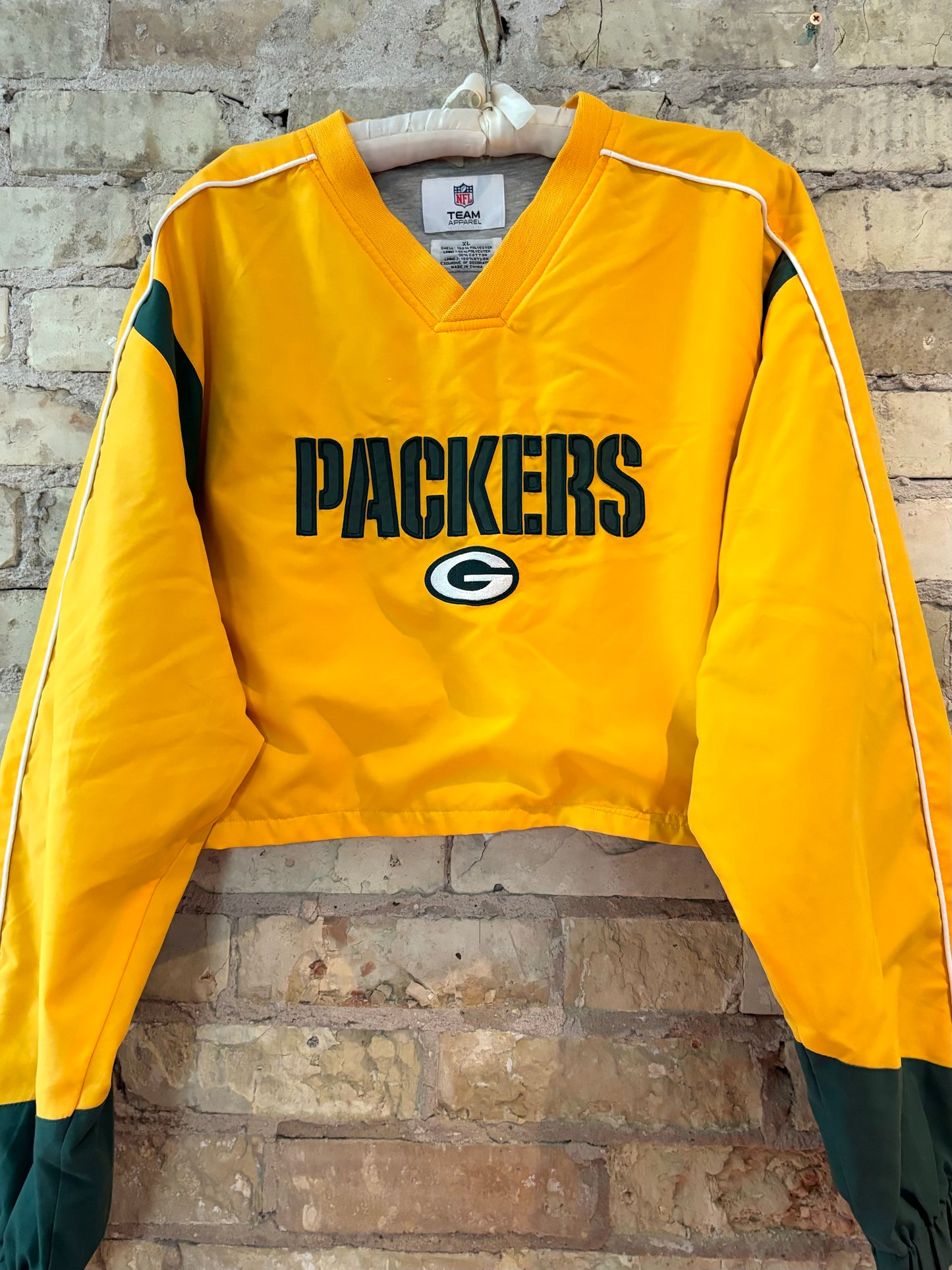 Reworked Retro Green Bay Packers Cropped Color Block V Neck Windbreaker