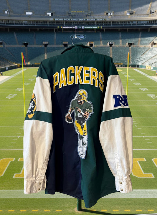 Reworked Oversized Retro Game Day Color Block Denim Jean Shirt