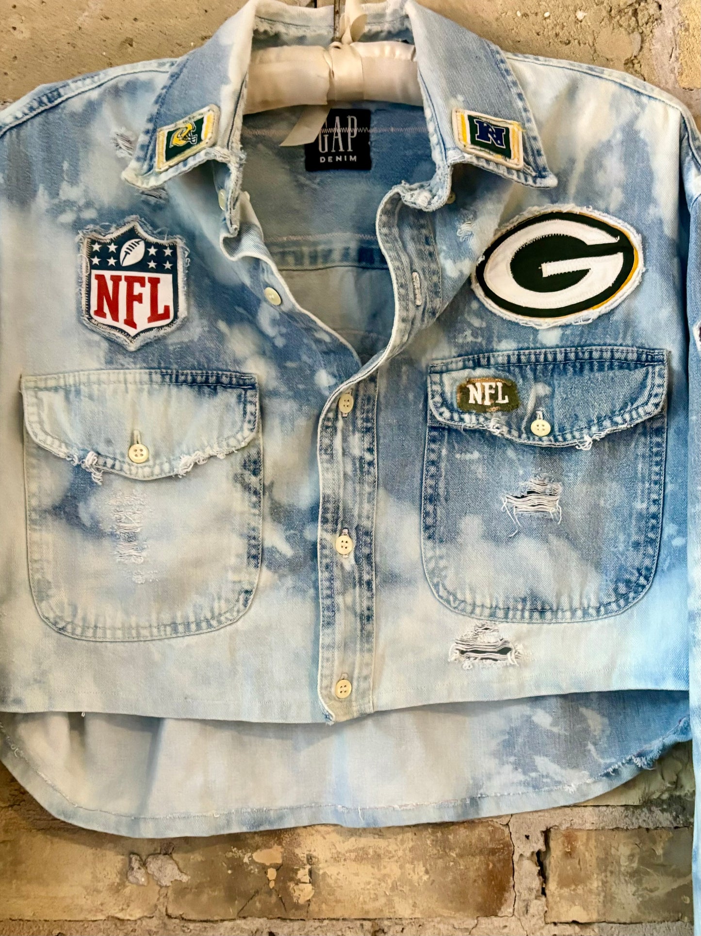 Reworked cropped & distressed Game Day Denim Jean Shirt