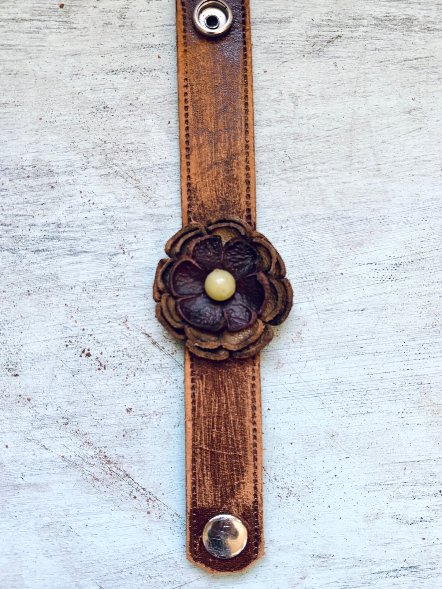 Handmade Distressed Leather Flower Bracelet