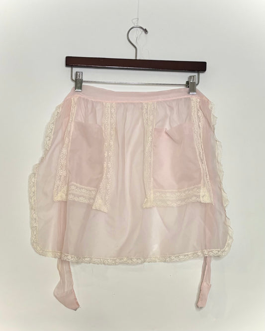 Vintage Pink Organza MCM 50’s Sheer Lace romantic half Apron
