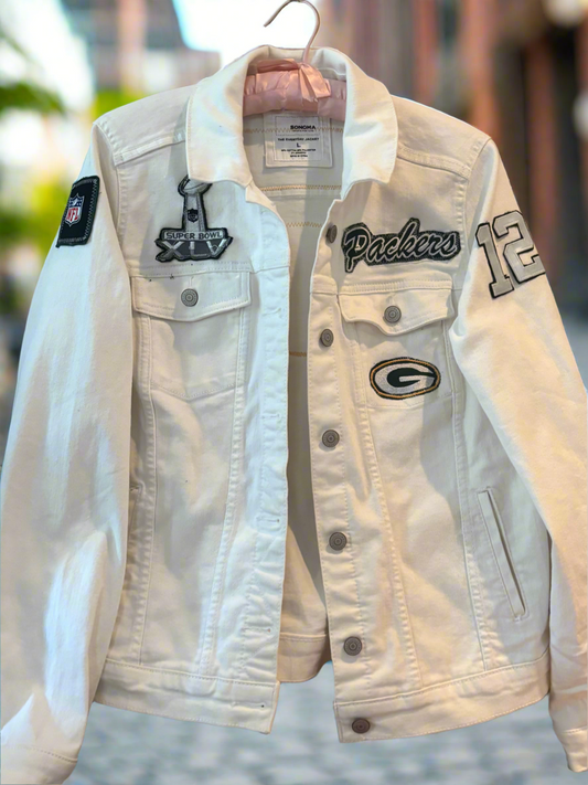 Reworked Packers Game Day White Denim Jean Jacket