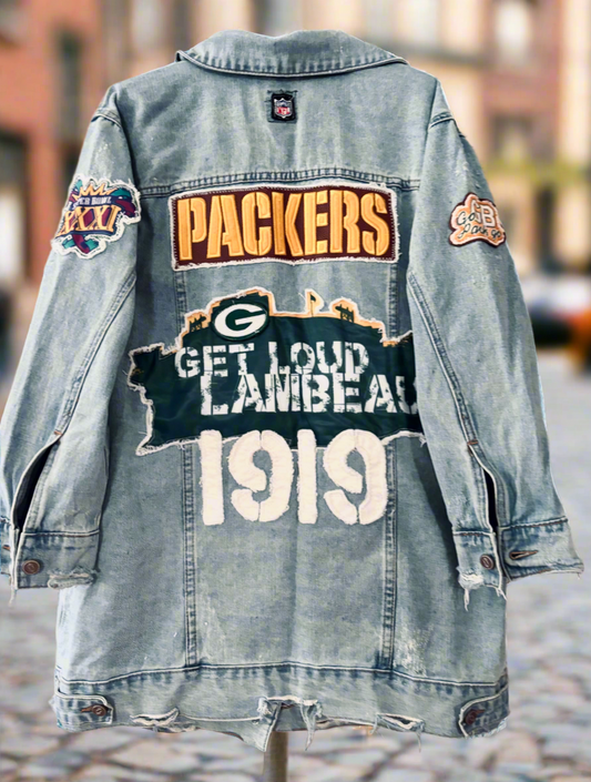 Reworked Packers long Retro Game Day Denim Jean Jacket