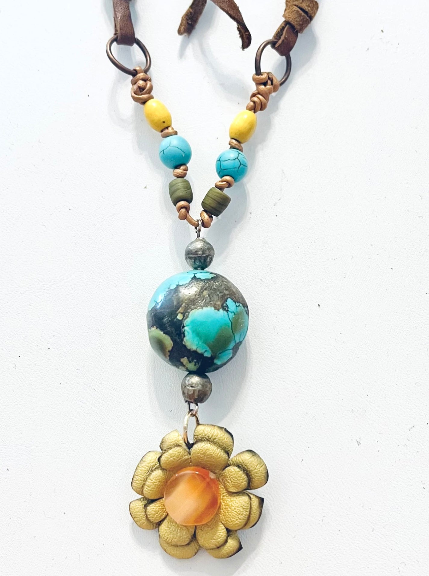 Artisan leather and turquoise Boho necklace