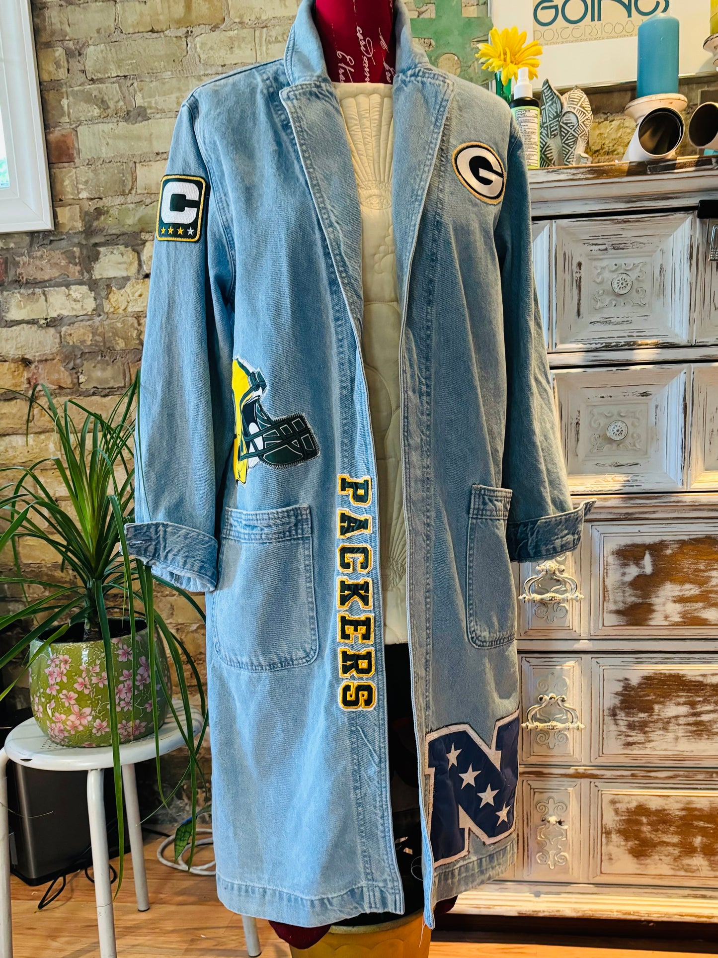 Reworked Packers Retro Game Day Denim Duster Coat