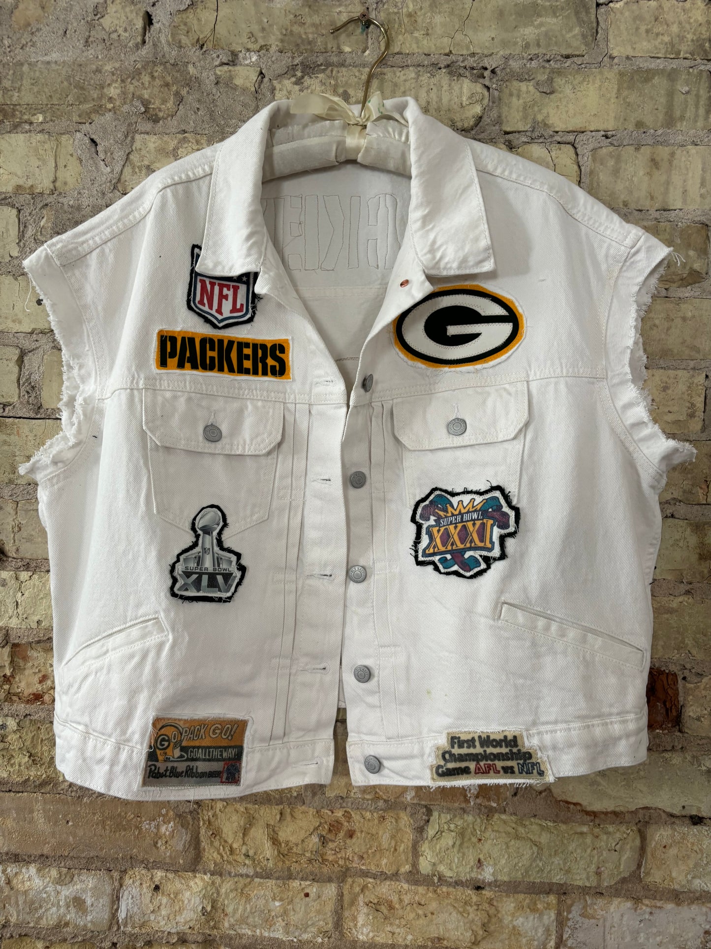 Reworked sleeveless Denim Packers Game Day Denim Vest