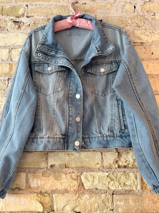 Reworked Distressed Iowa Game Day Denim Jean Jacket with Fringe