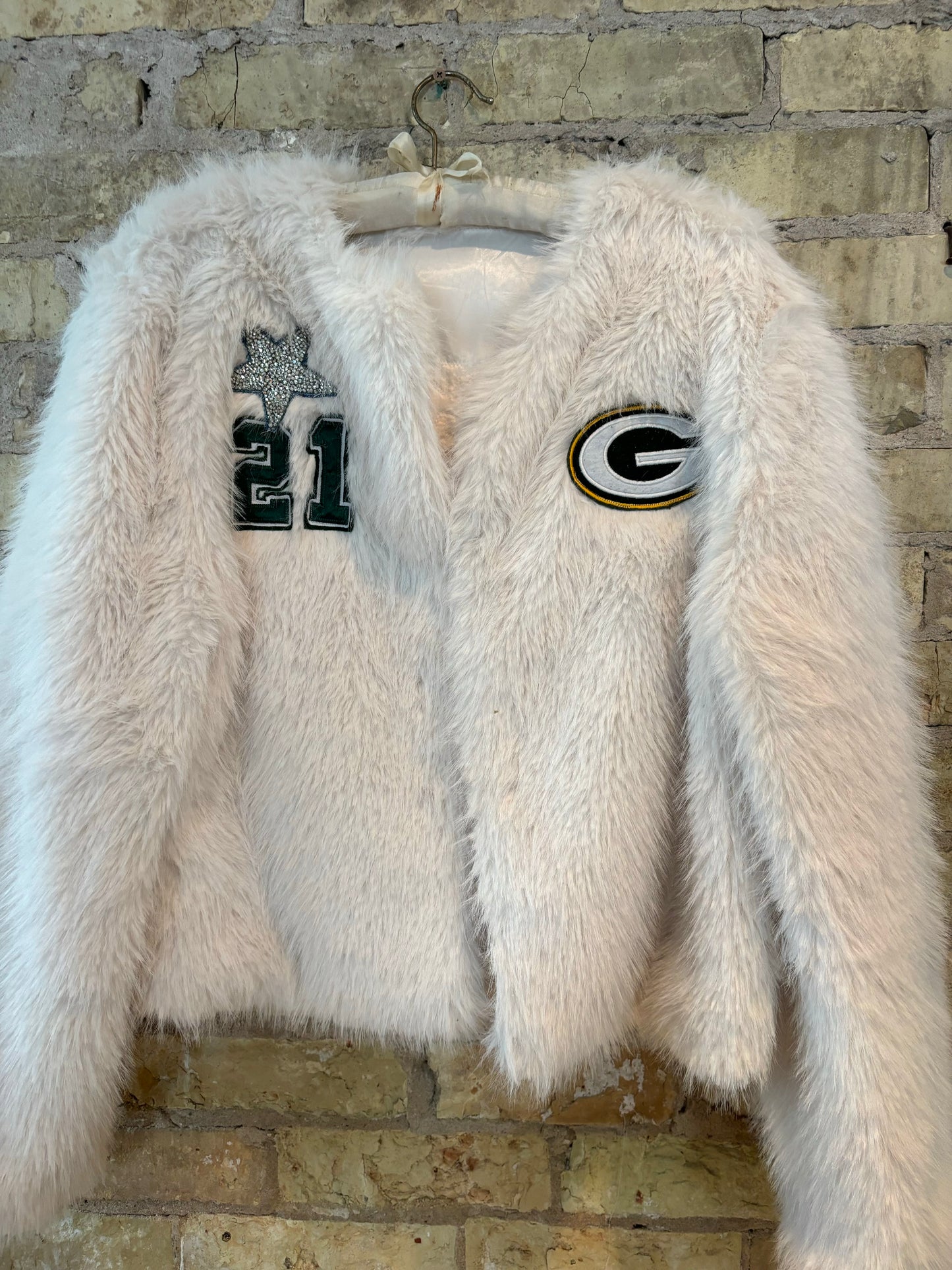 Reworked Shaggy Faux Fur Packers Game Day Jacket