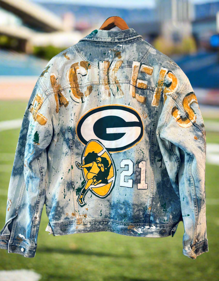 Reworked Vintage Distressed Stone Washed Game Day Trucker Denim Jean Jacket