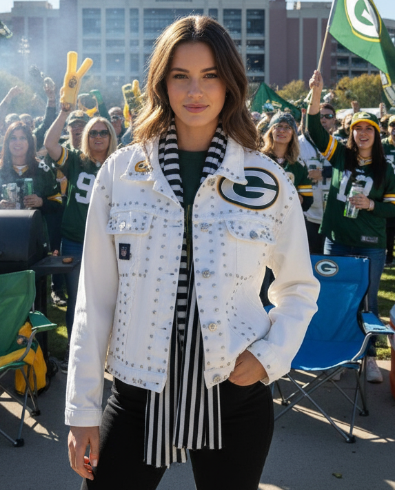 Reworked distressed studded Game day Denim Jacket