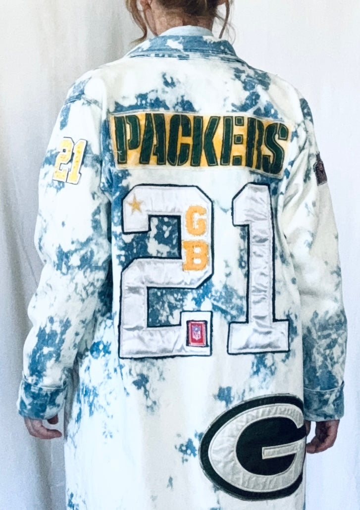 Reworked Packers Retro Game Day Denim Duster Maxi Coat