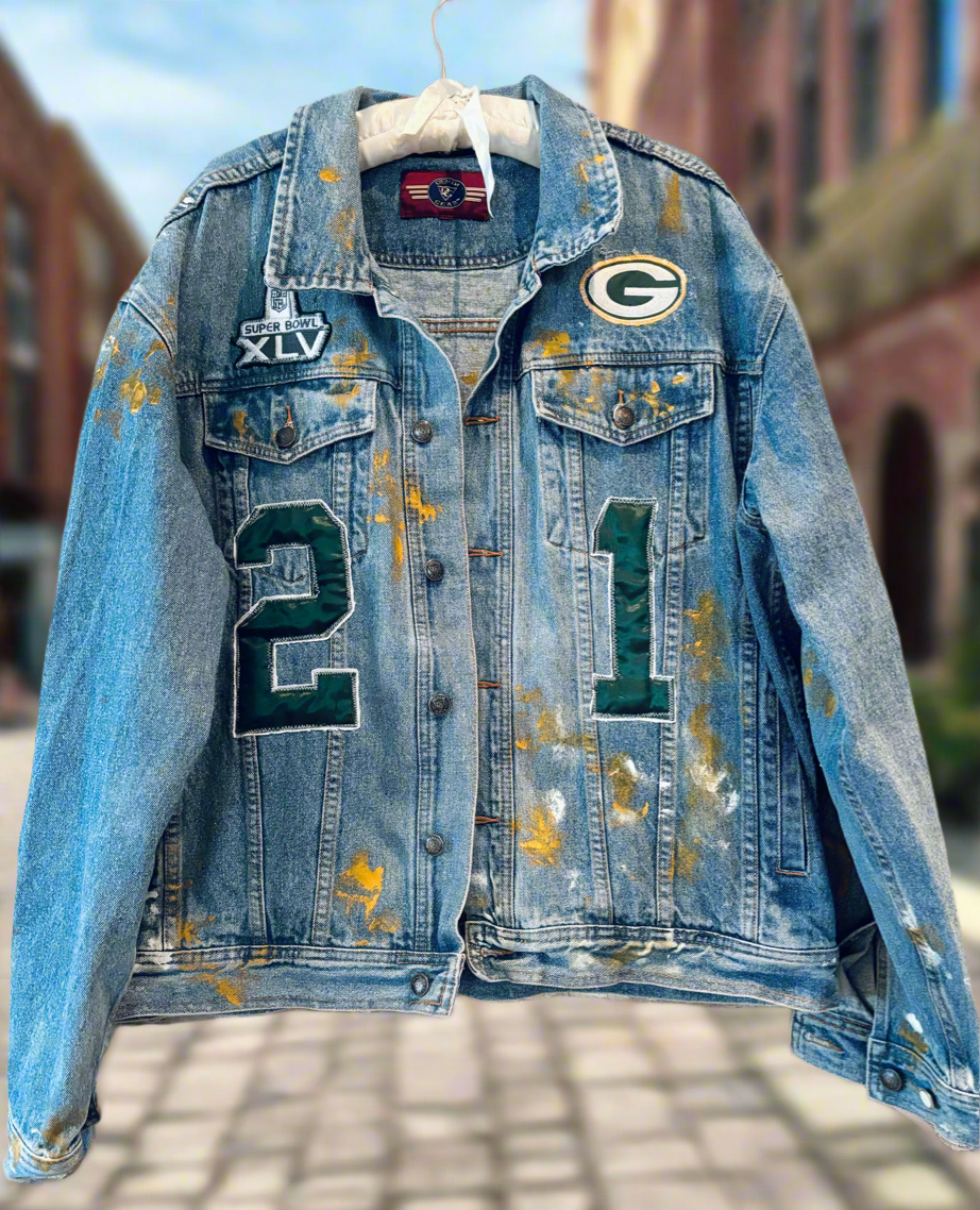 Reworked Retro Stone Washed Game Day Trucker Denim Jean Jacket
