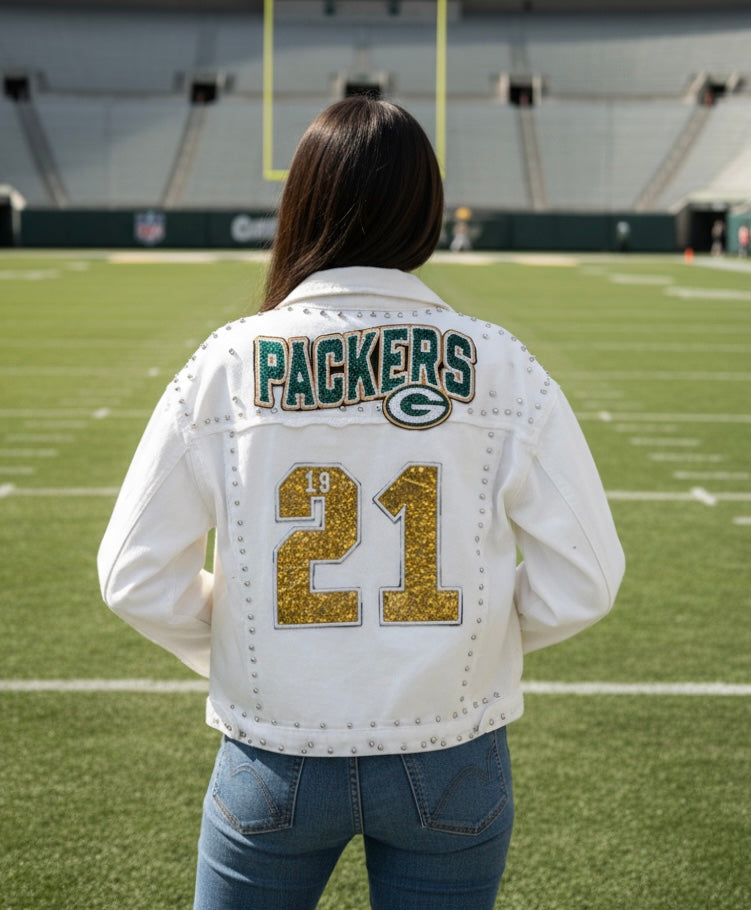 Reworked distressed studded Game day Denim Jacket