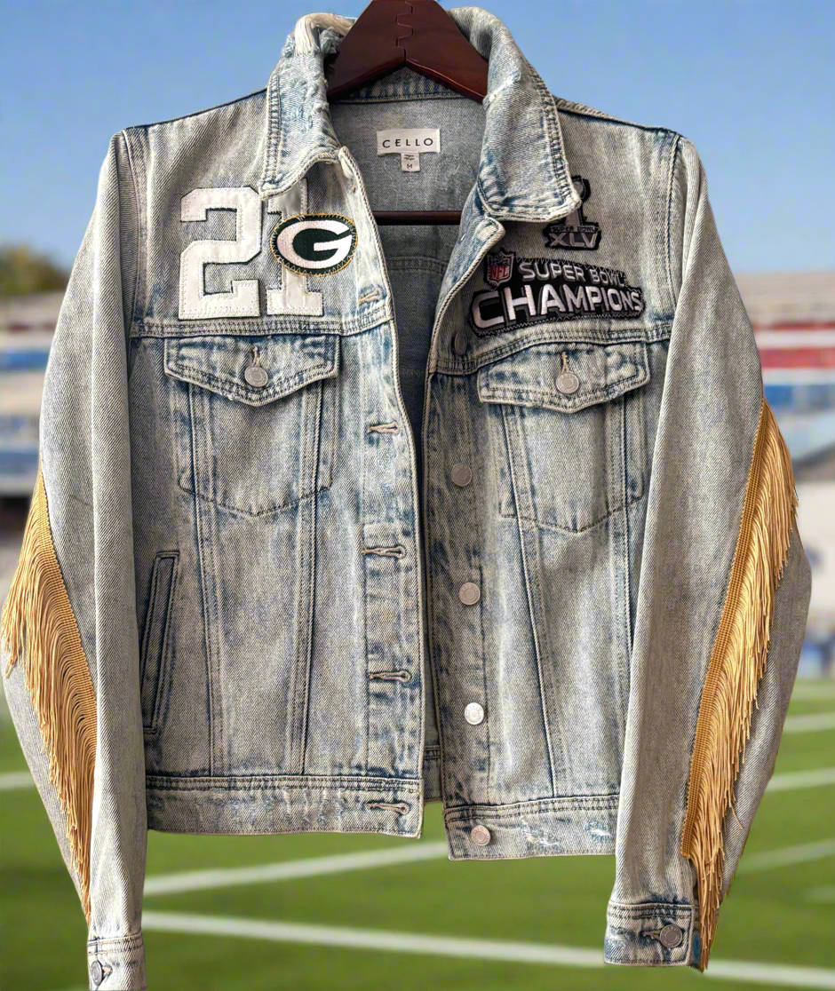 Reworked Distressed Game Day Denim Jean Jacket with Fringe