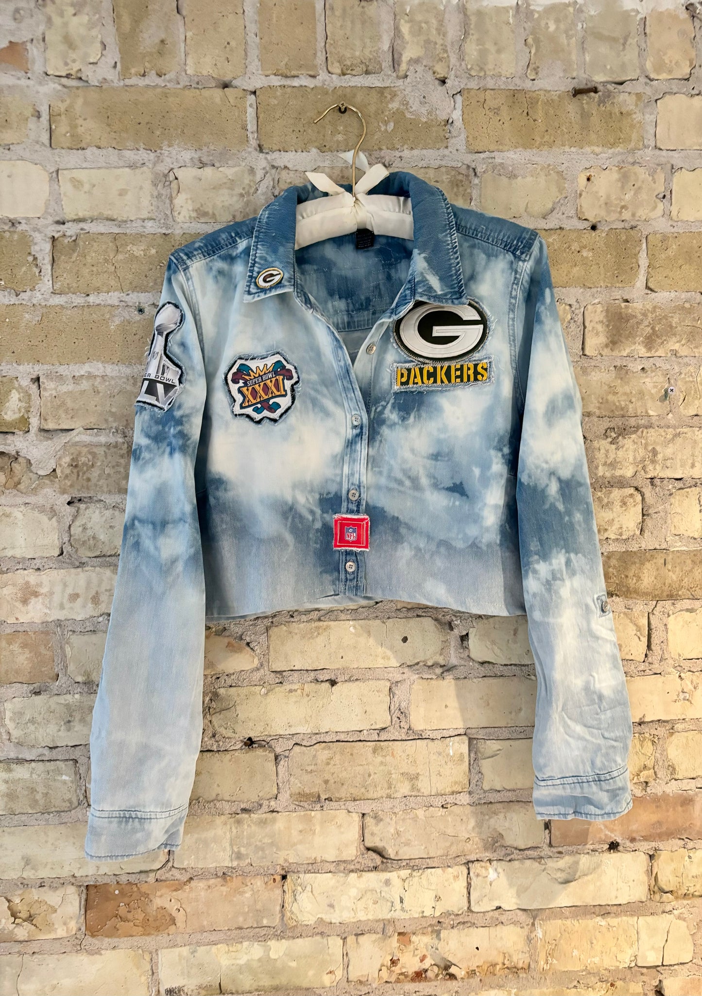 Reworked Game Day cropped distressed Denim Jean Shirt