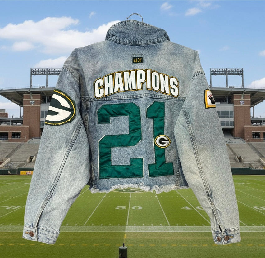 Reworked Retro Stone Washed cropped GameDay Denim Jean Jacket