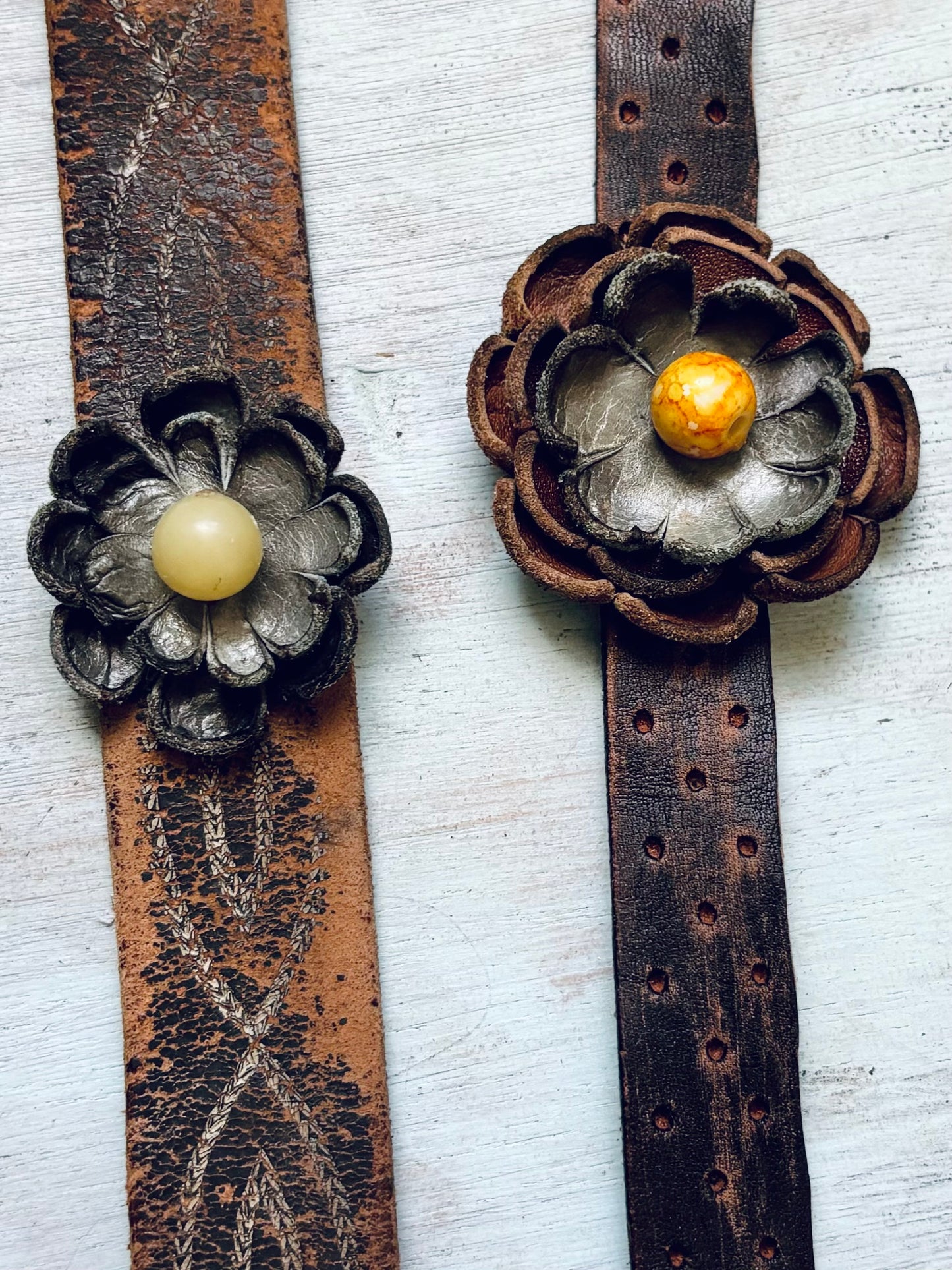 Handmade Distressed Leather Flower Bracelet