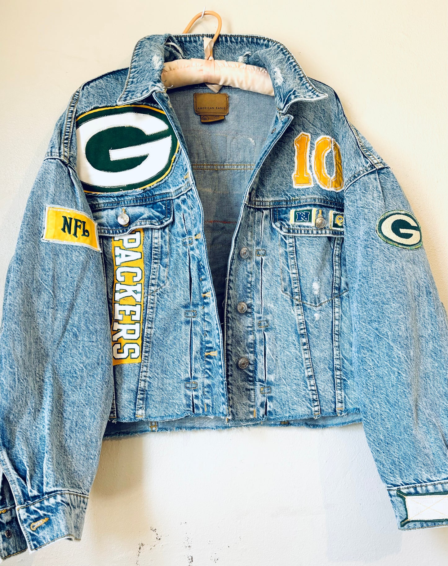 Reworked Retro Acid Washed cropped Game Day Denim Jacket