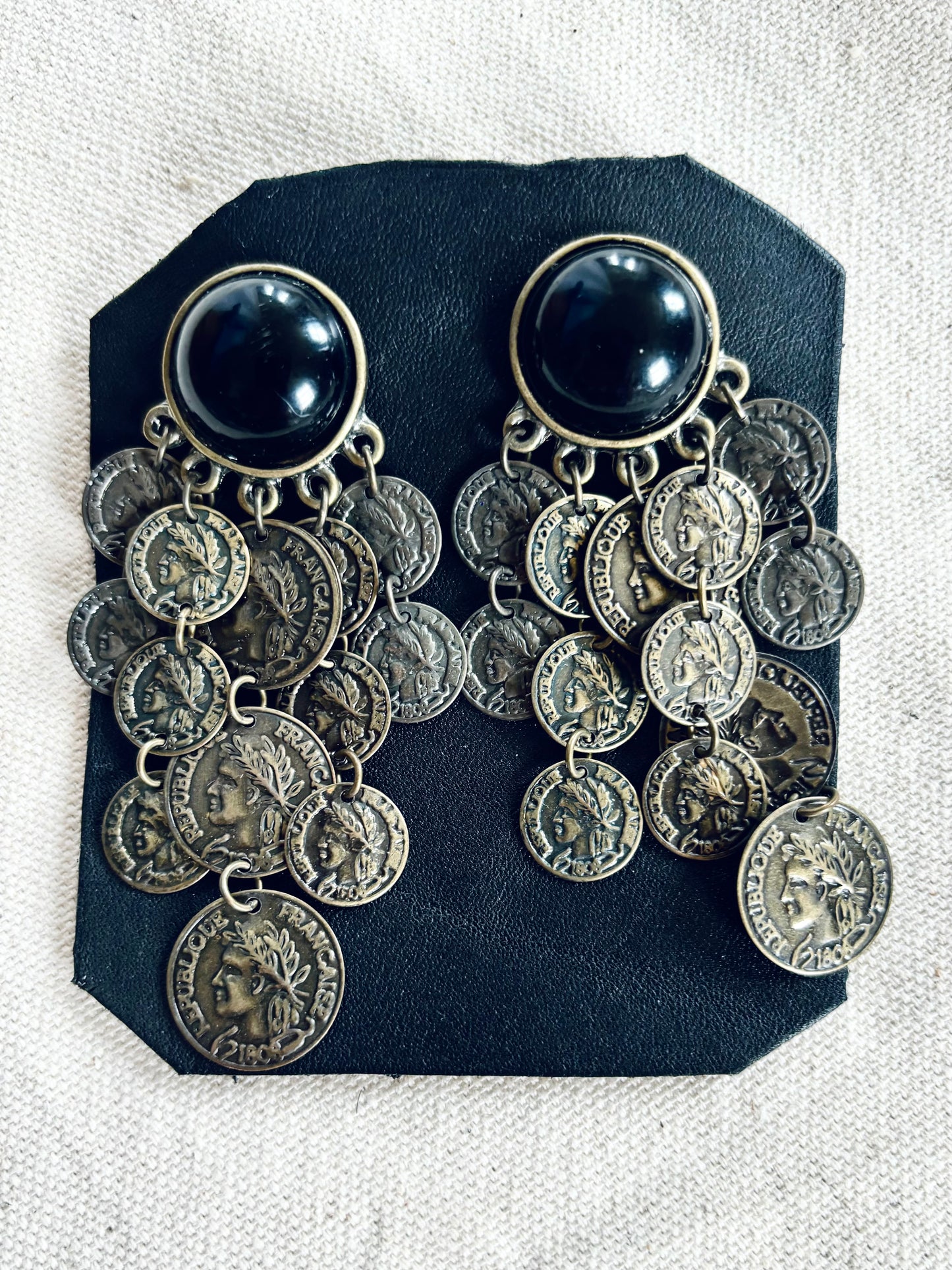 Vintage Antique Gold & Onyx Grecian Chandelier 
Earrings