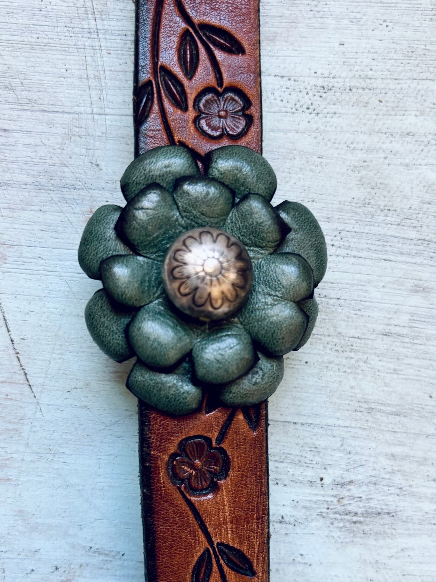 Hand Tooled Reclaimed Leather Flower Bracelet