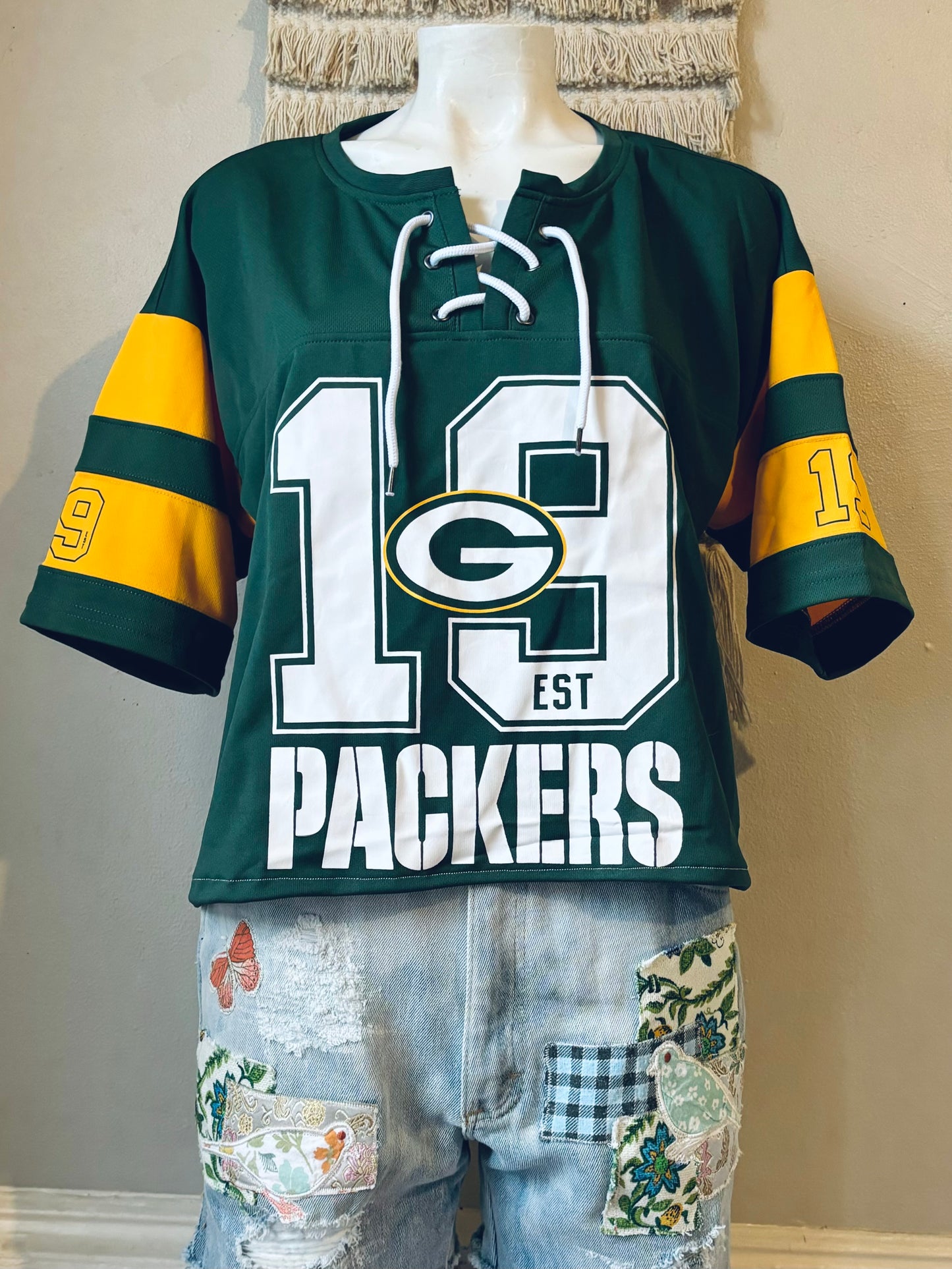 Reworked Y2k Packers Lace Up Cropped Jersey