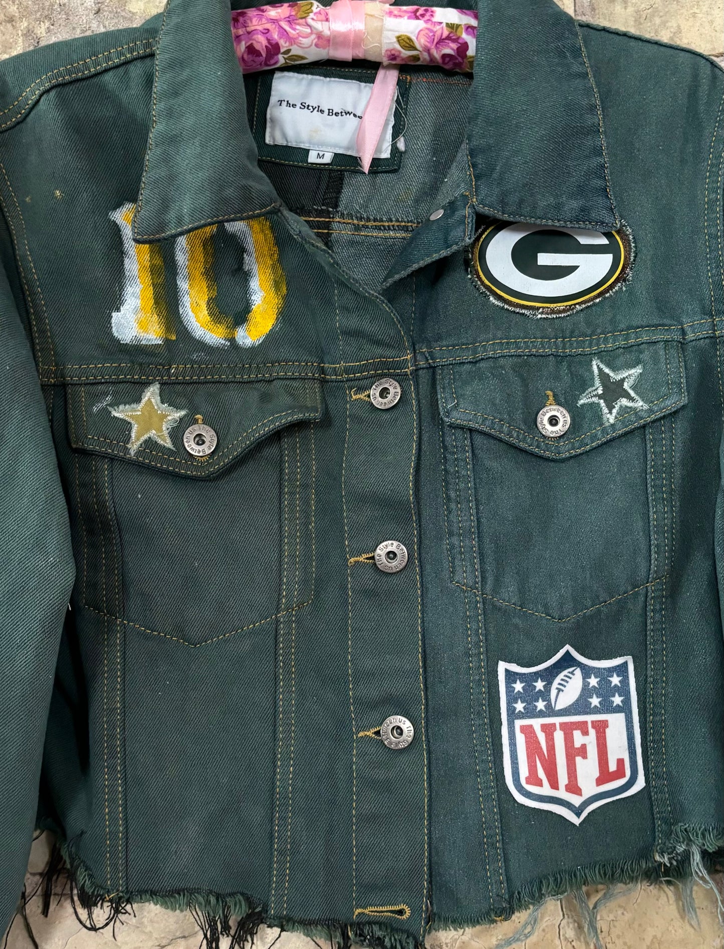 Reworked Spliced Denim Packers Game Day Jacket