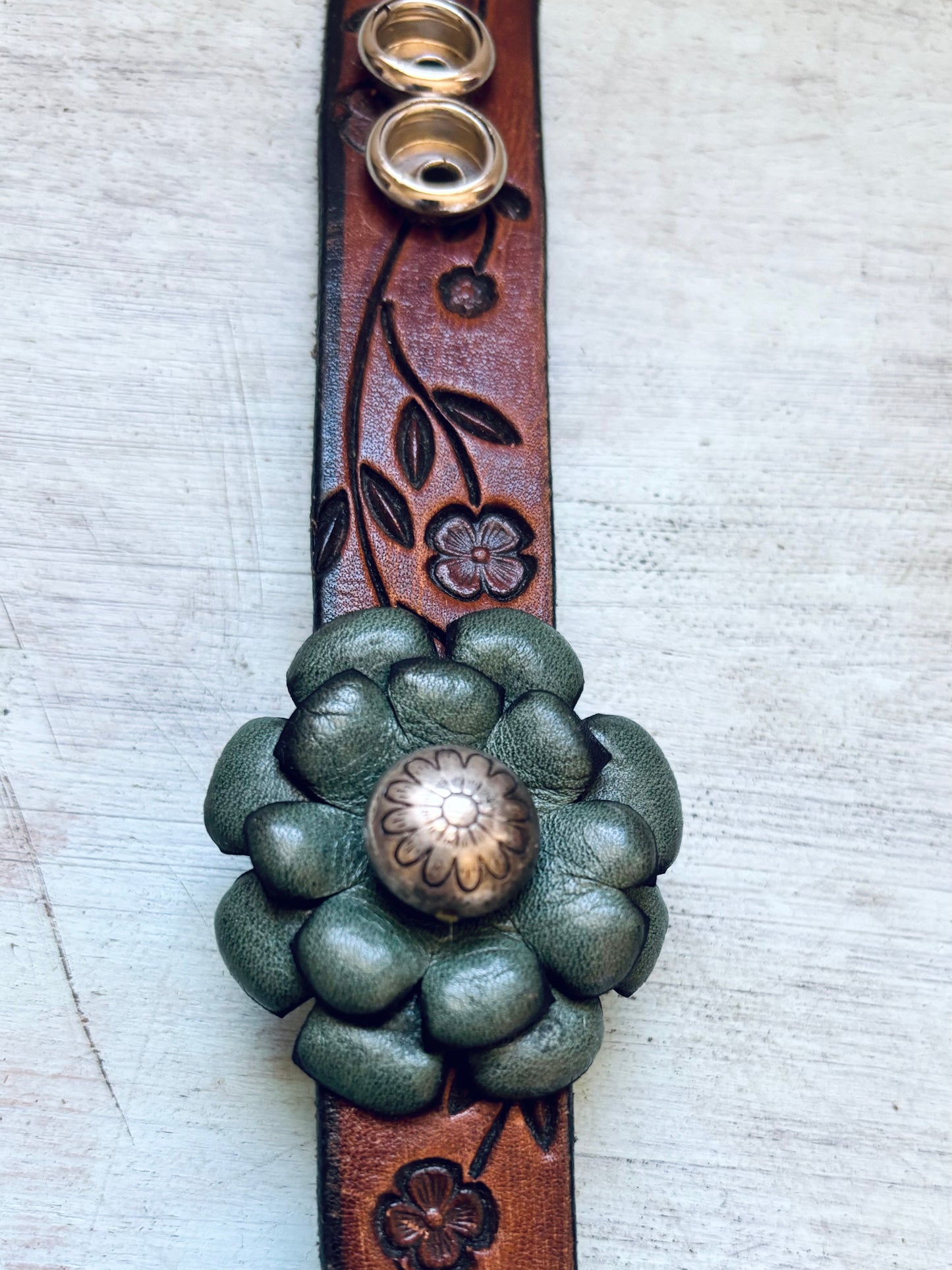 Hand Tooled Reclaimed Leather Flower Bracelet