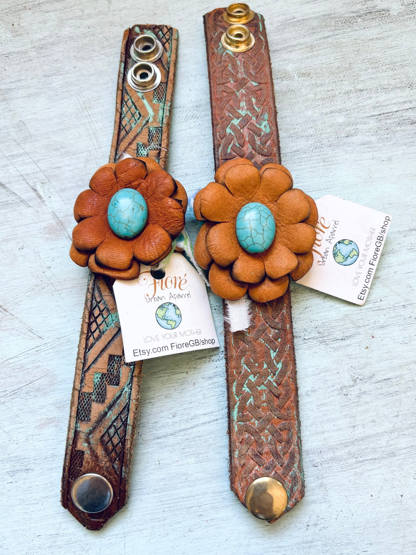 Hand Tooled Reclaimed Leather Flower Bracelet