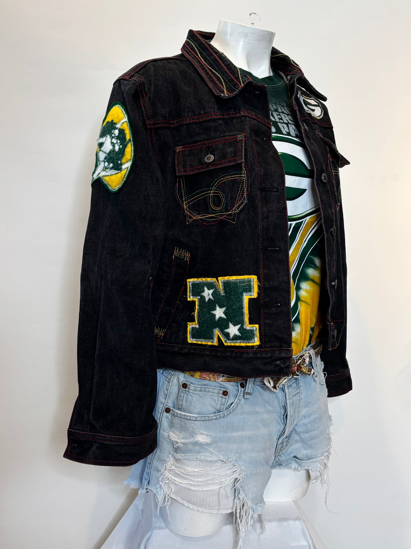 Retro Black Color Stitched Game Day  Denim Jean Jacket
