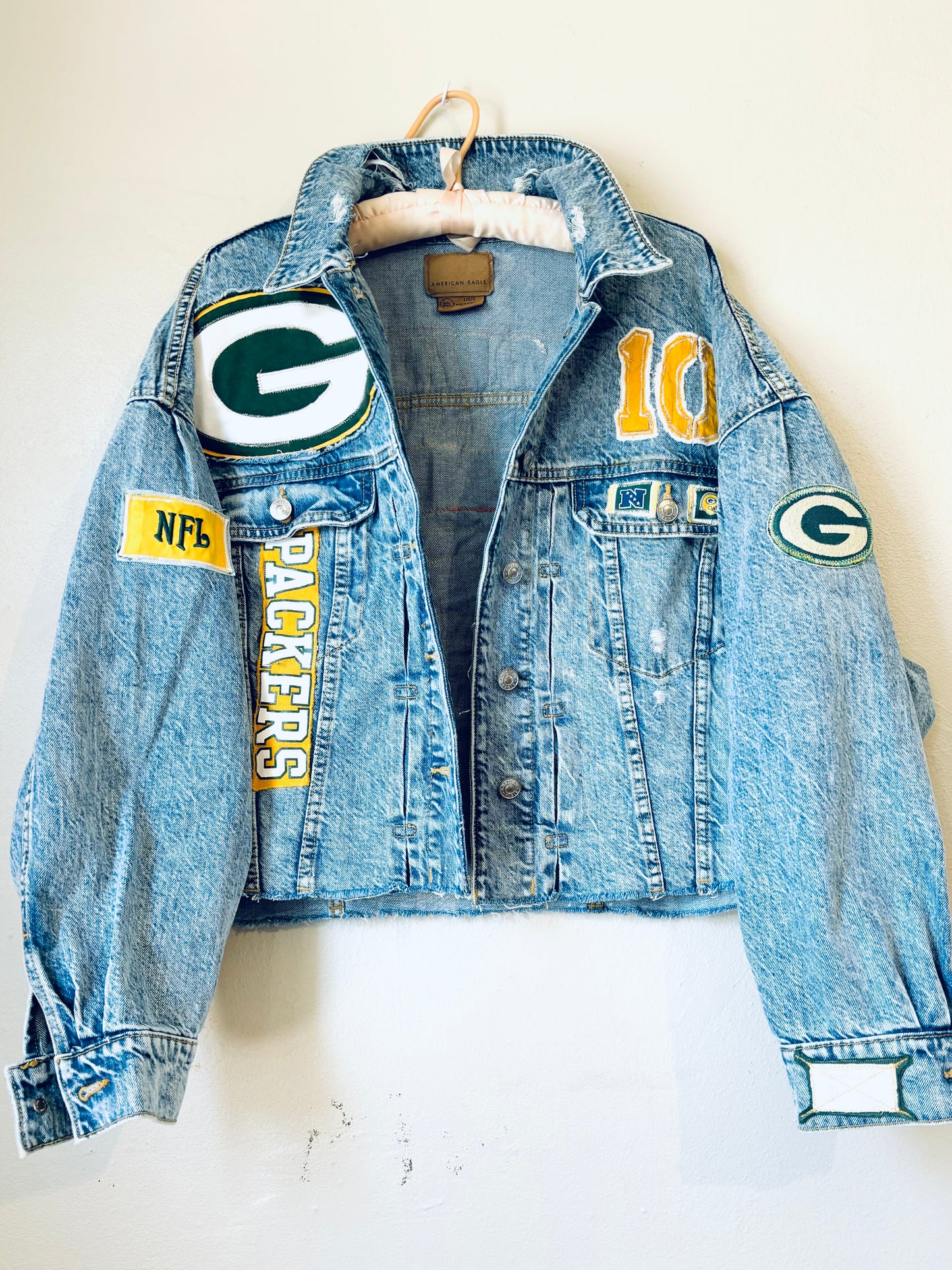 Reworked Retro Acid Washed cropped Game Day Denim Jacket