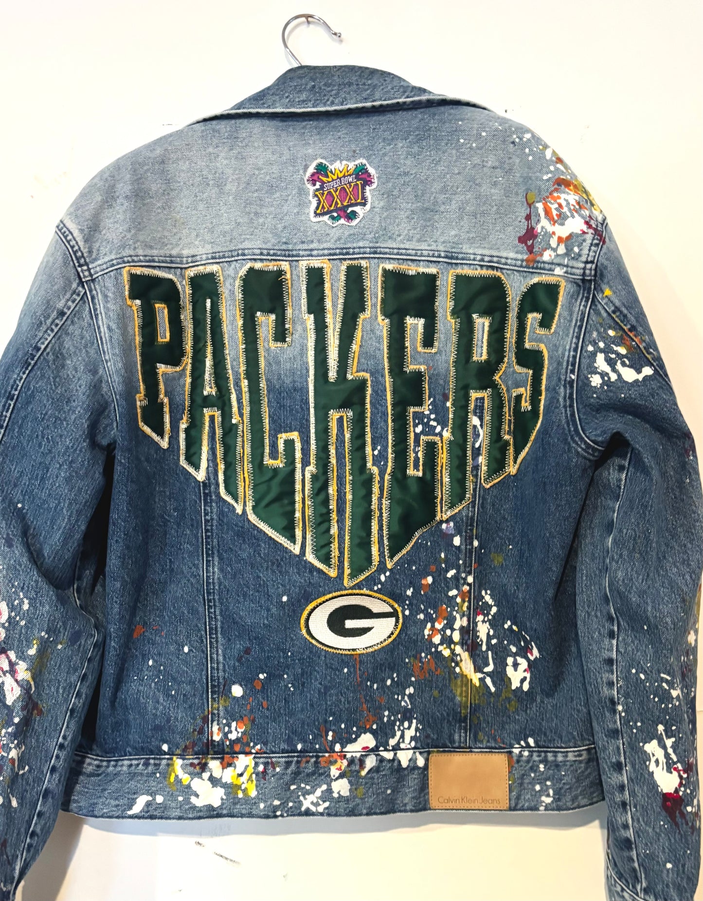 Reworked Retro Distressed Game Day Paint Splattered Custom Denim Jean Jacket