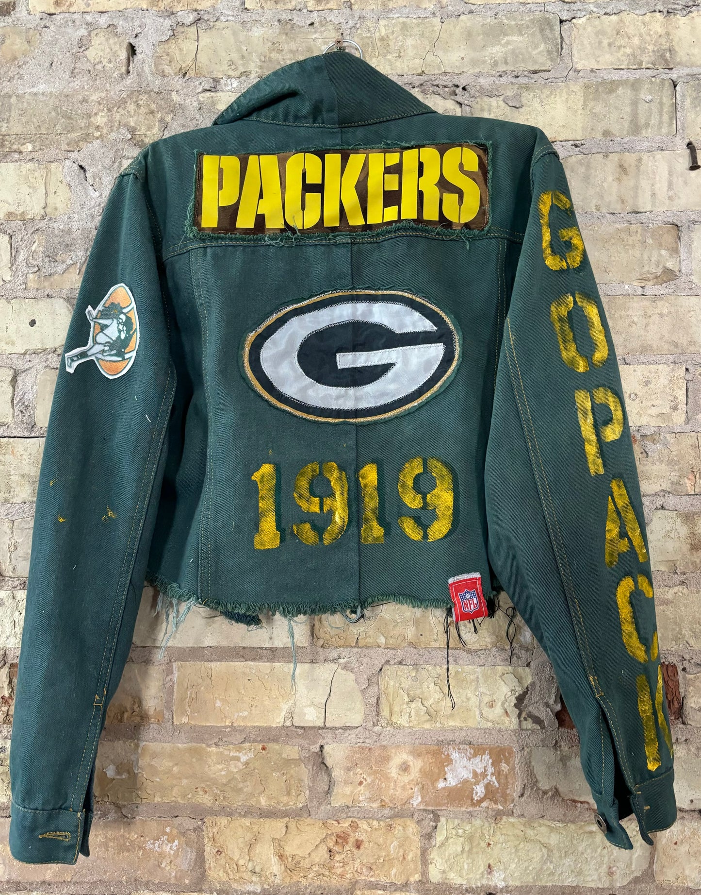 Reworked Spliced Denim Packers Game Day Jacket