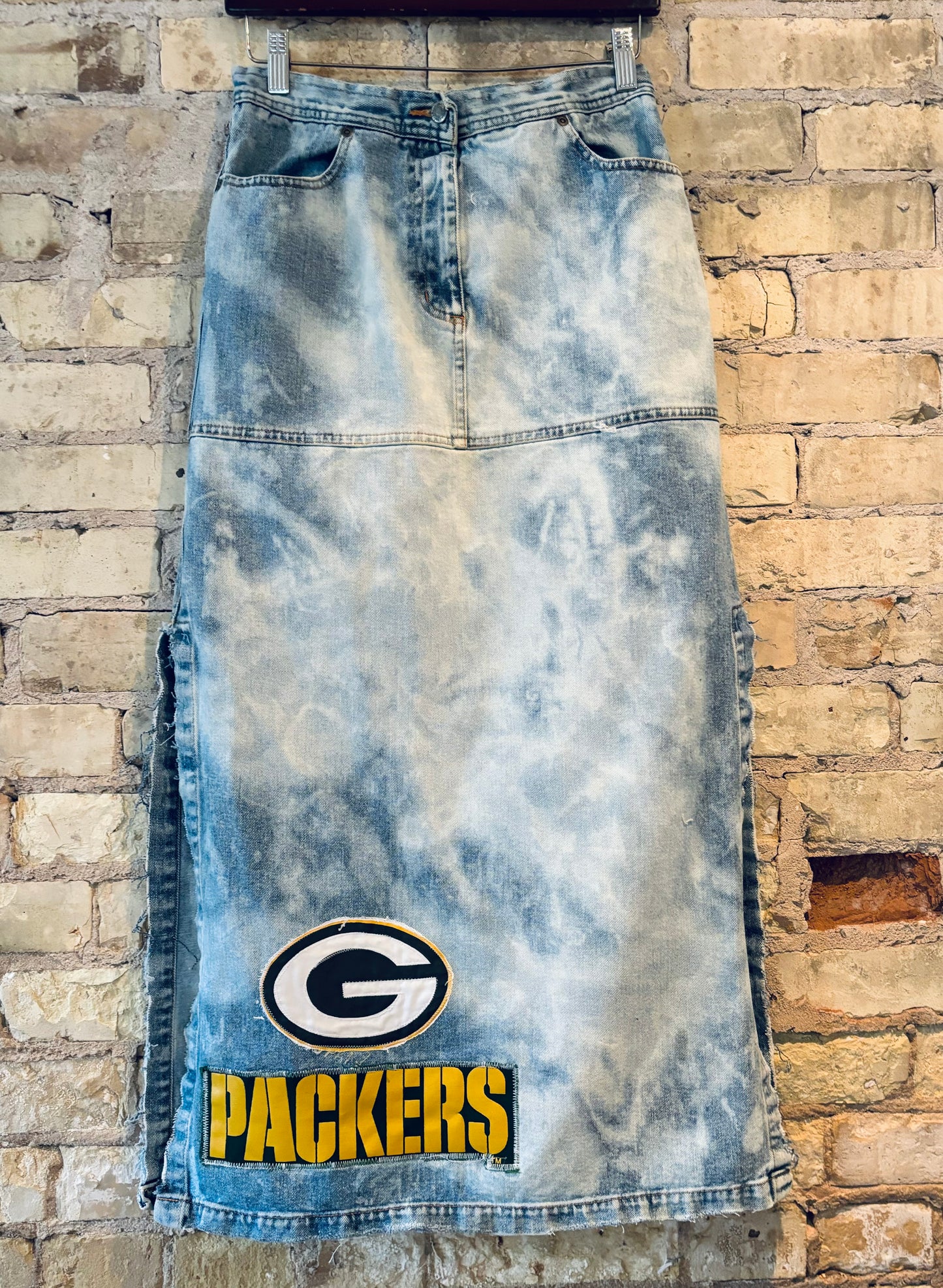 Reworked vintage distressed Midi Slit Game Day Packers skirt