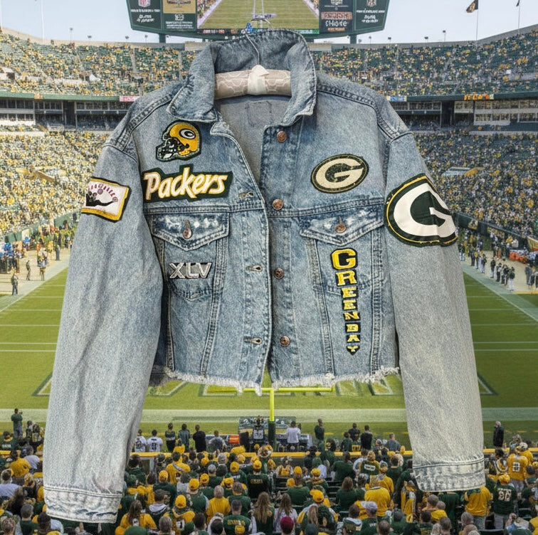 Reworked Retro Stone Washed cropped GameDay Denim Jean Jacket